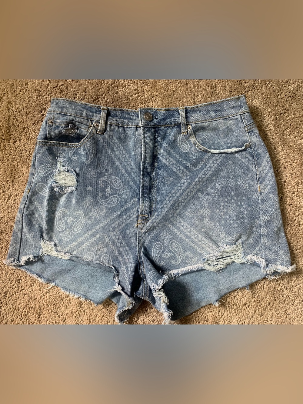 Women's Blue Paisley Denim Cutoff Shorts